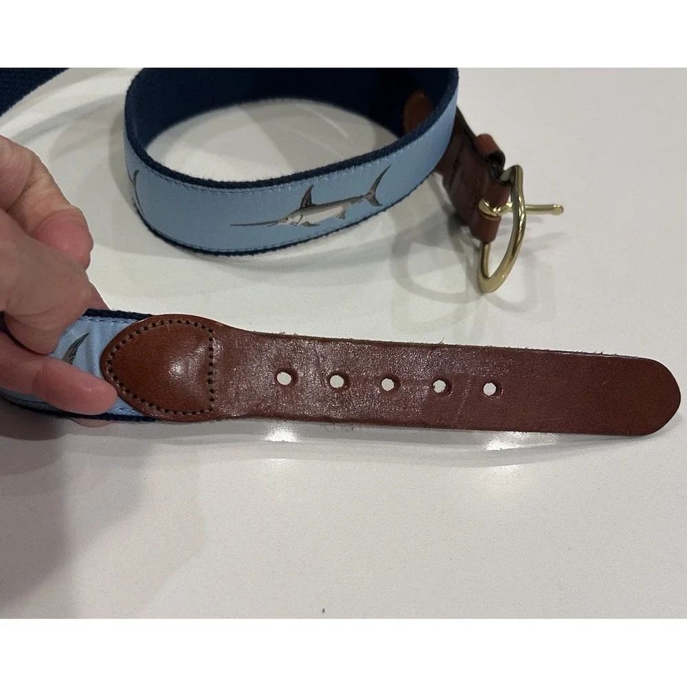 Leather Man LTD Belt Sword Fish Size 38 Blue Hand Made Essex CT Webbed Brass
